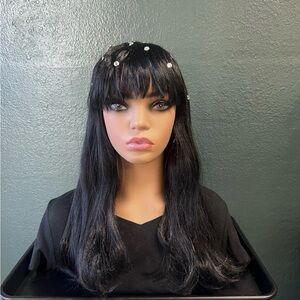 Vintage Y2K Black Rhinestone Wig with Bangs for Women Halloween Costume Cosplay